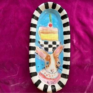Handmade large Ceramic Serving Tray Bunny And Meringue Birthday 15”x7”Original
